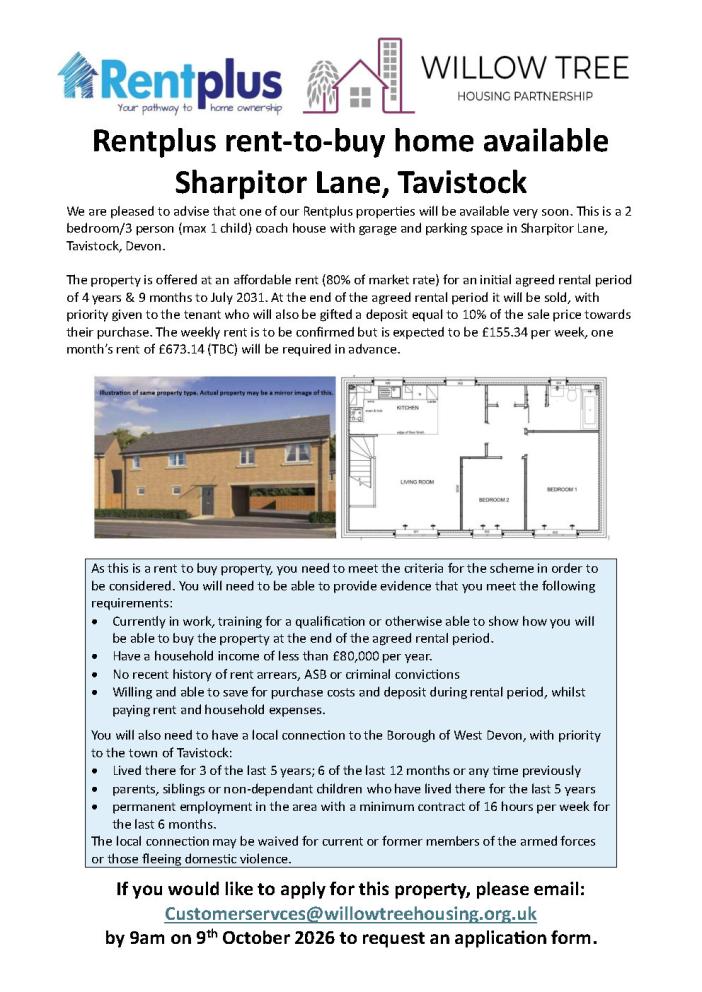 Rent to Buy - Sharpitor Lane Property Advert Oct 2026